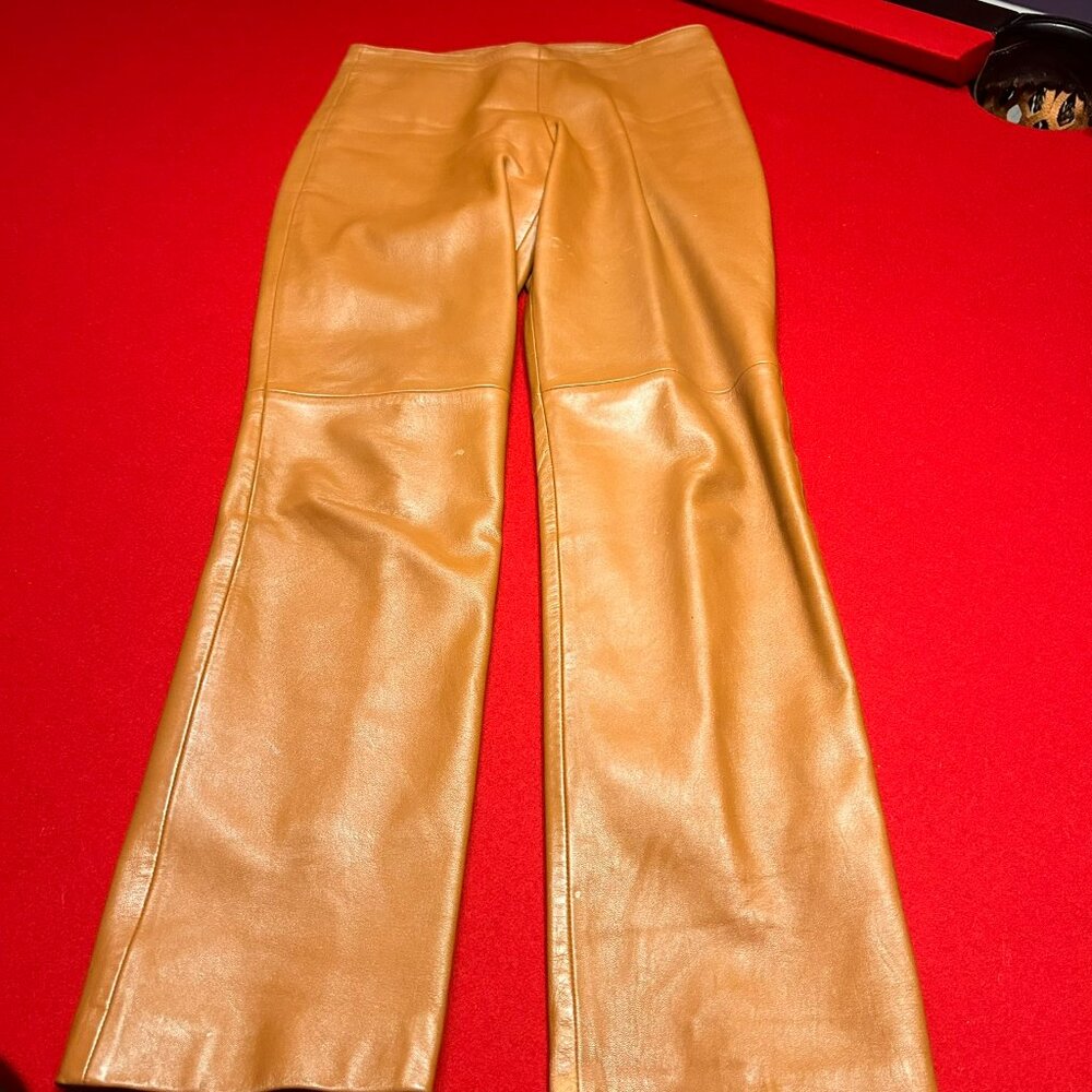 Saddle Brown Genuine Leather Straight Leg Pants Size 10 | Lined | Classic Tailor